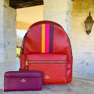 NWT Coach varsity stripe Charlie backpack&wallet